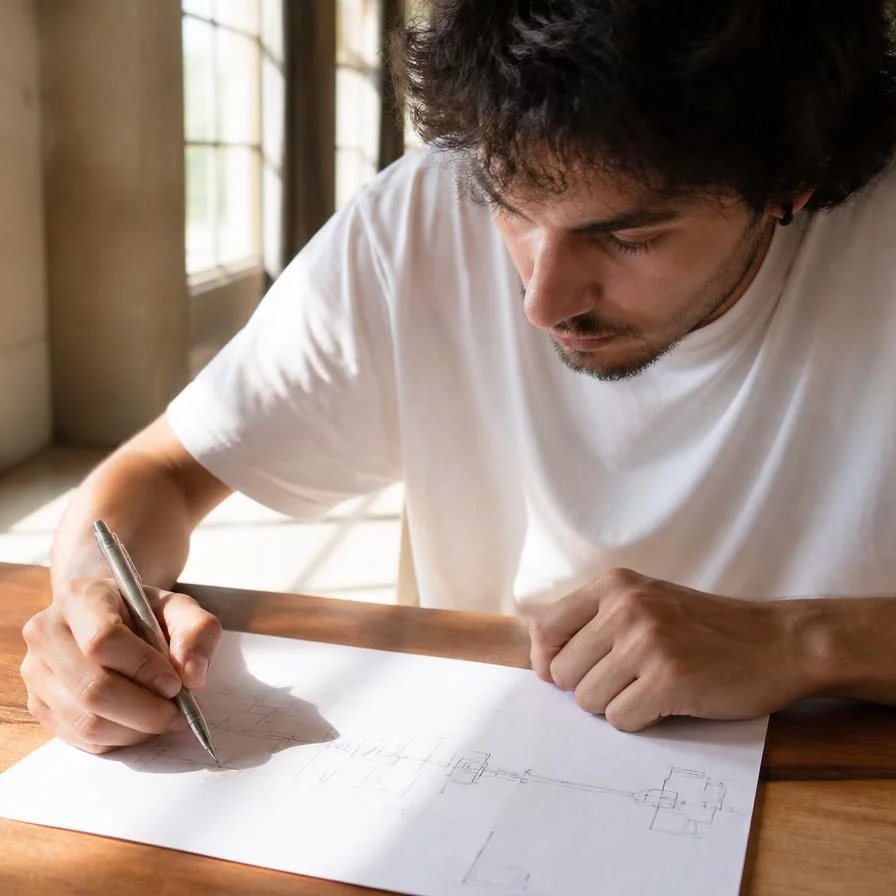 Duas pessoas relendo num tablet as notas da rodada anterior, apoiadas na mesa de madeira