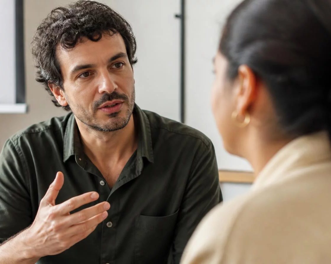 Pessoa em pé diante da turma sustentando um argumento com as anotações na mão